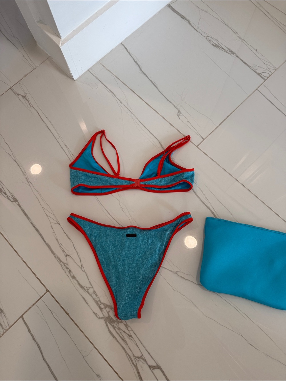 triangl swimwear turquoise bikini with red trim - Picture 5 of 8